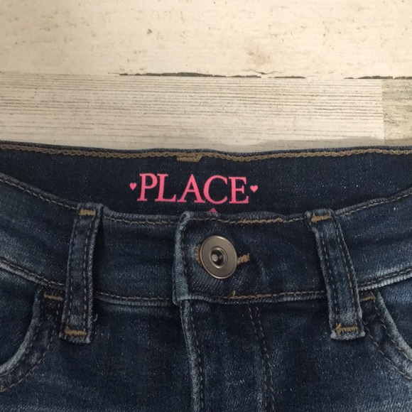 Place girls size 8 distressed zip one button straight leg jeans - Picture 3 of 6